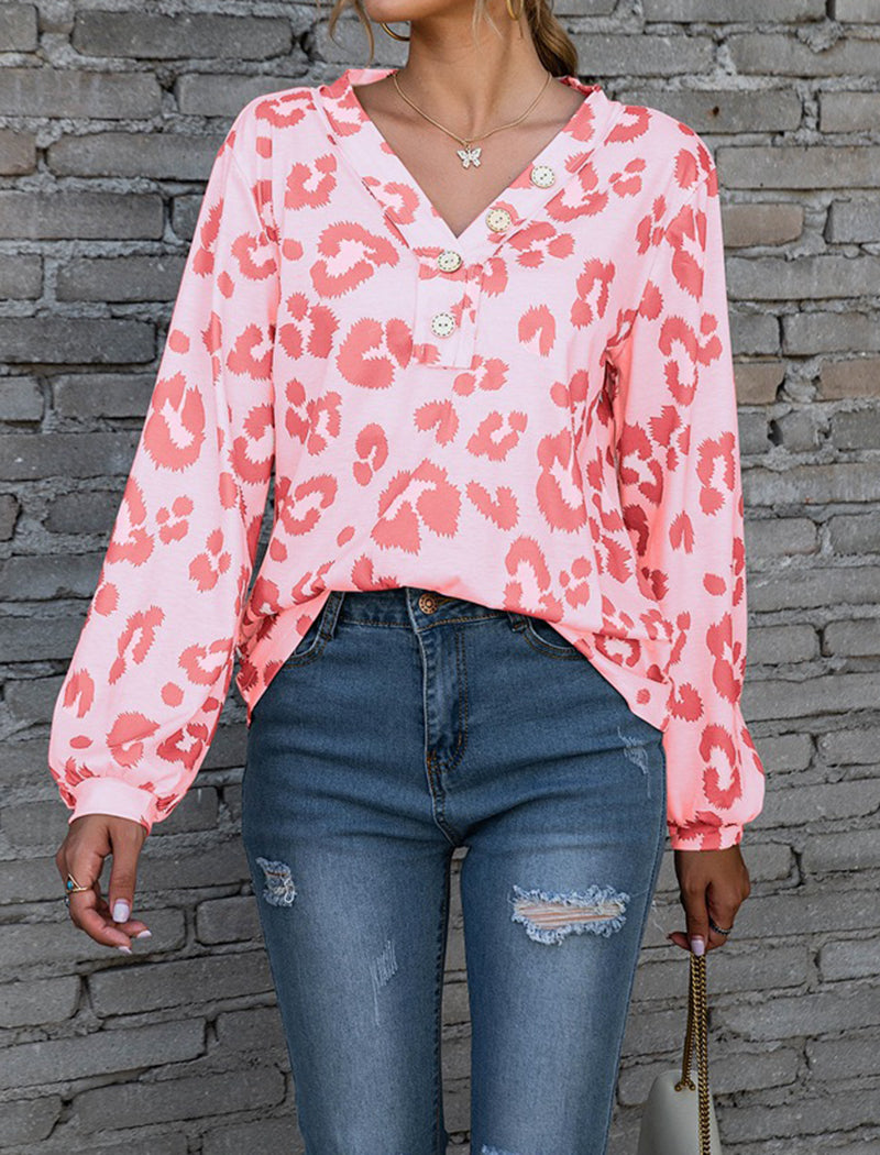 Leopard Print V-Neck Off-Shoulder Long Sleeve Top