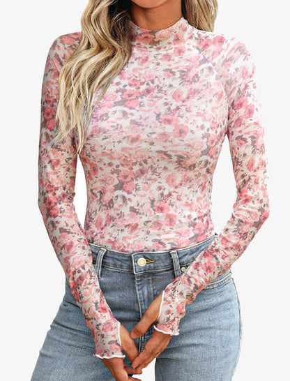 Floral Mesh Long-Sleeve Top with High Neck