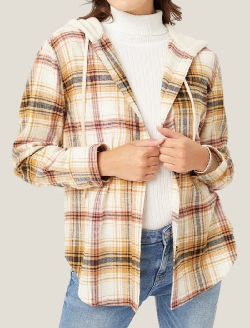 Plaid Button-Up Shirt with Drawstring Hood