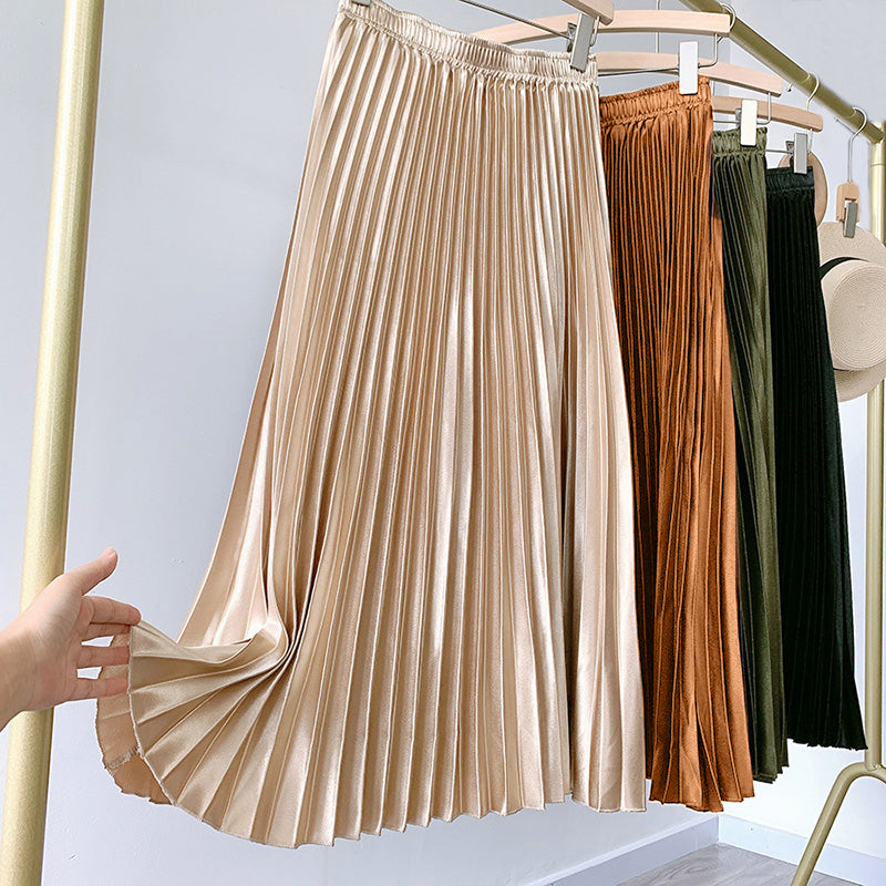 Pleated Metallic A-Line Midi Skirt