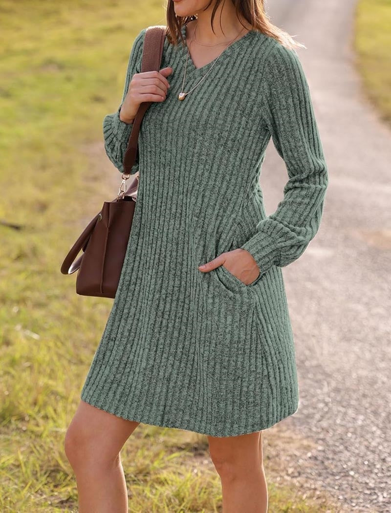 V-Neck Long Sleeve Ribbed Dress