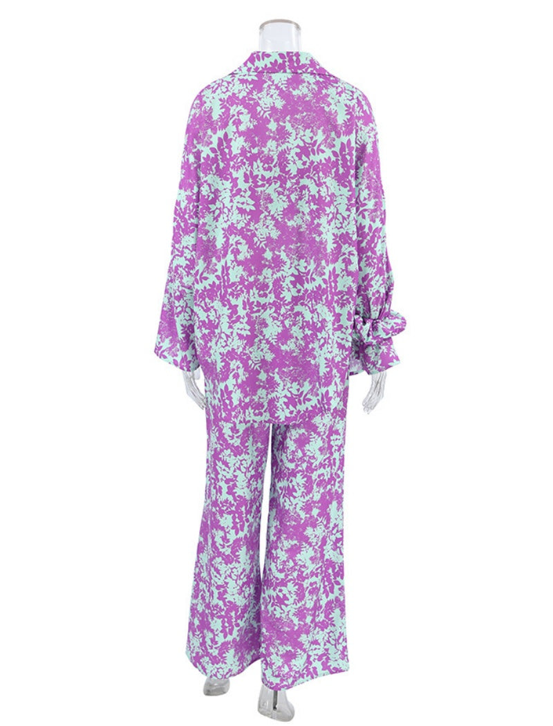 Floral Printed Matching Set with Wide-Leg Pants