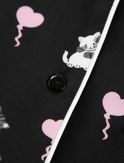 Satin Pajama Set with Cat Print