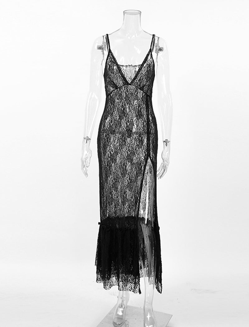 Sexy Lace Sheer Cami High Slit Nightgown
