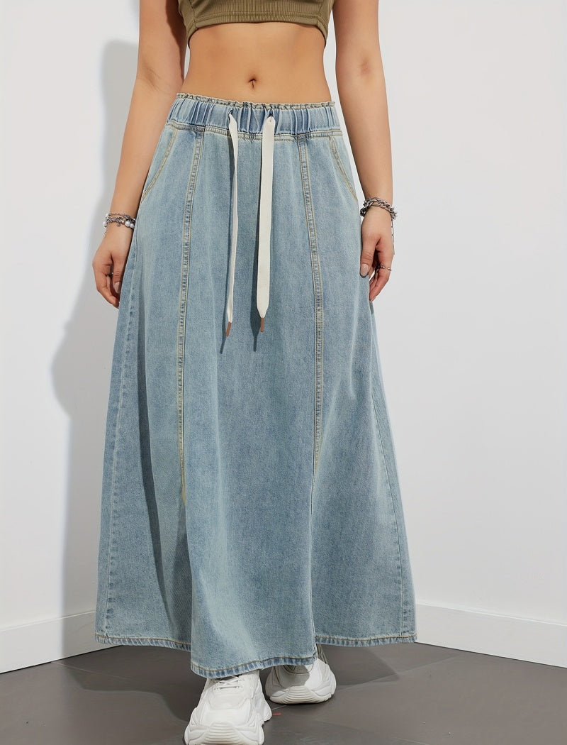 Drawstring Waist Denim Maxi Skirt