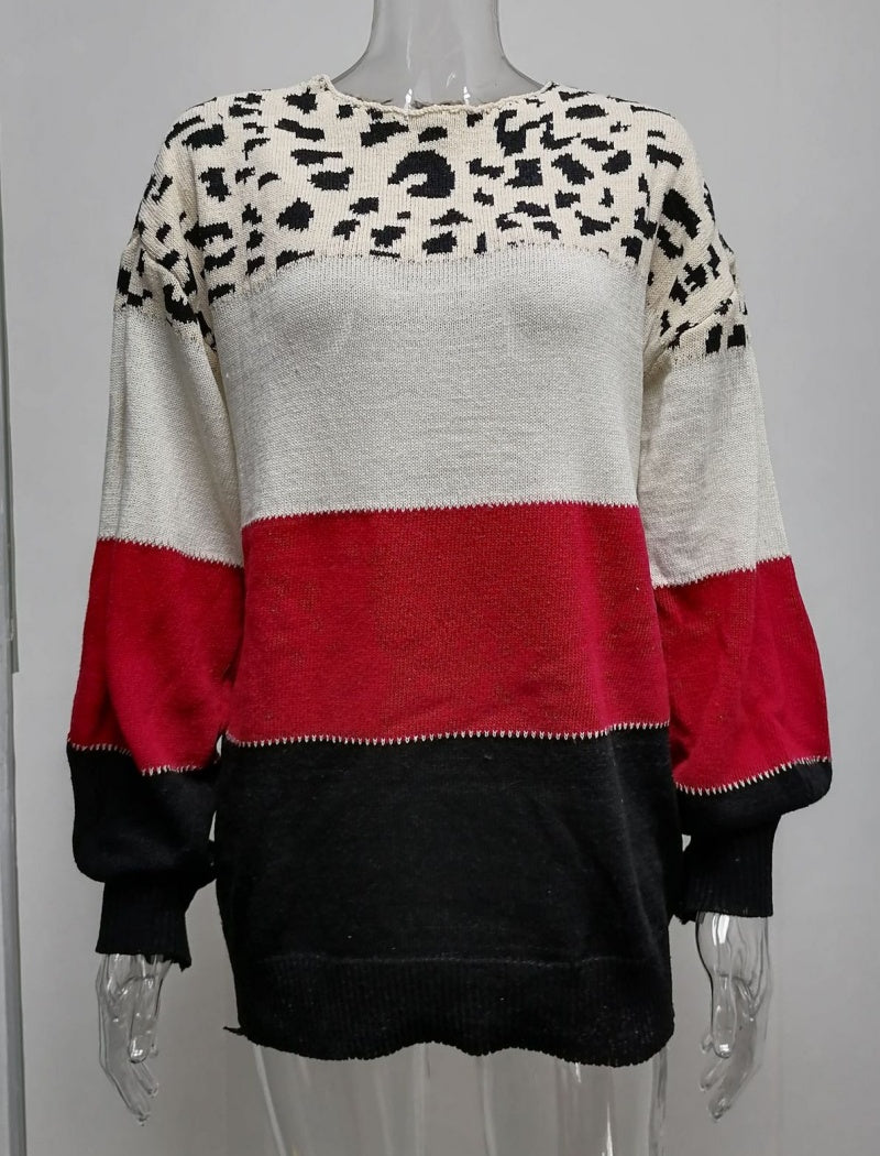 Leopard Print Colorblock Sweater with V-Neck