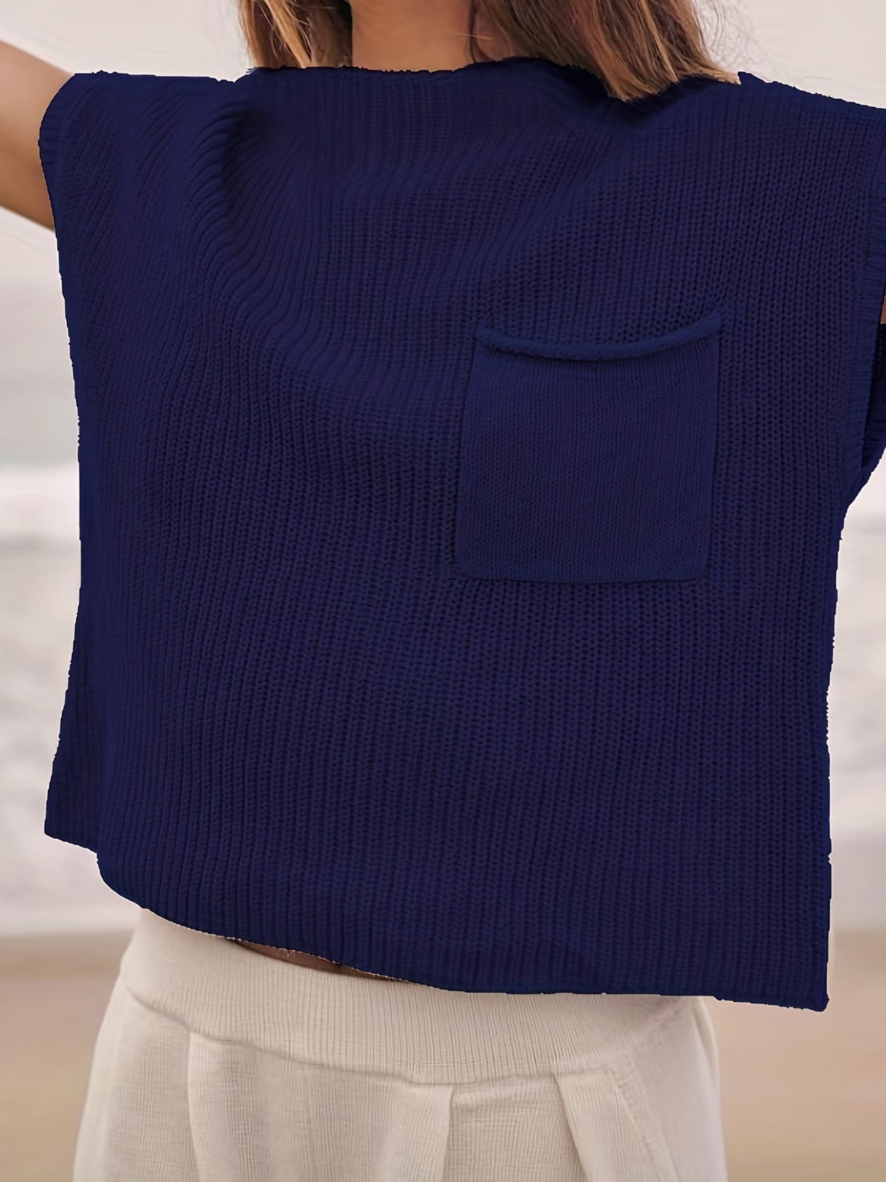 Solid Sleeveless Pocket Sweater