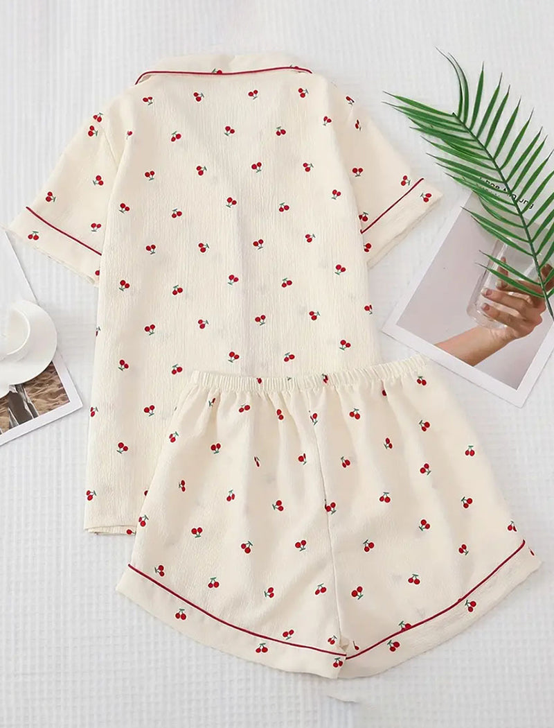 Cherry Print Top and Shorts Lounge Pajamas Set