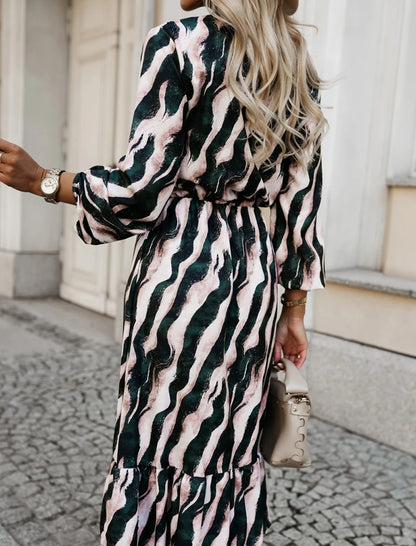 Printed Tie-Waist Long Sleeve Midi Dress