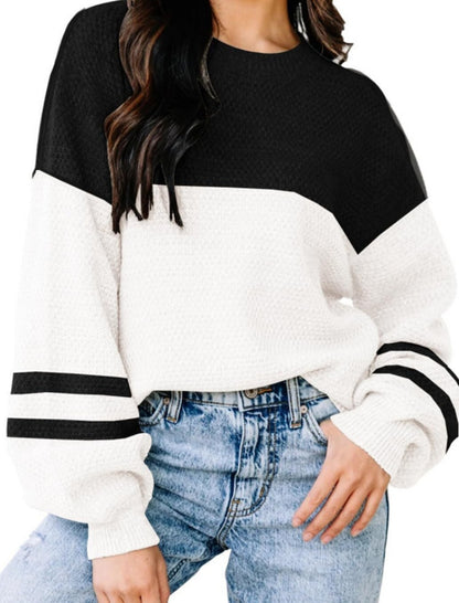 Oversized Waffle Knit Sweater with Contrast Stitching