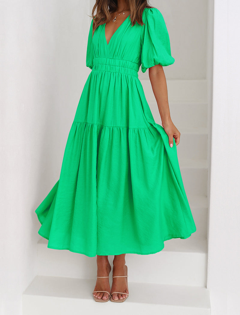 Puff Sleeve V-Neck Maxi Dress