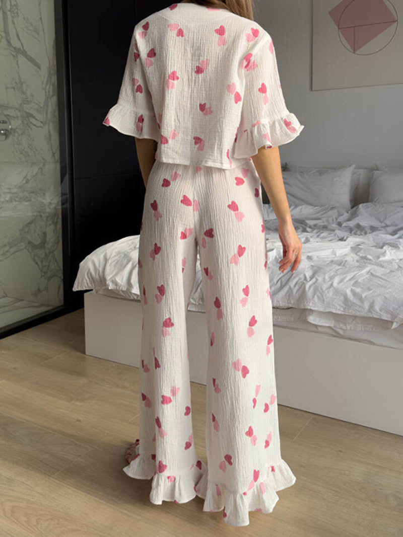 Ruffle Hem Tie-Front Top and Wide-Leg Pants Pajamas Set