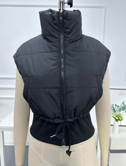 Crop Padded Vest with Drawstring and Zipper