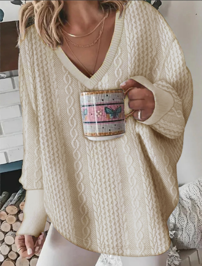 Oversized Cable-Knit V-Neck Sweater