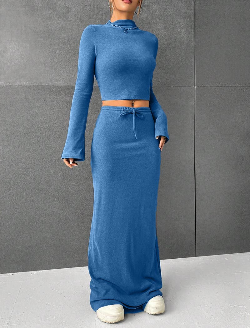 Crop Long-Sleeve Top and Drawstring Maxi Skirt Set