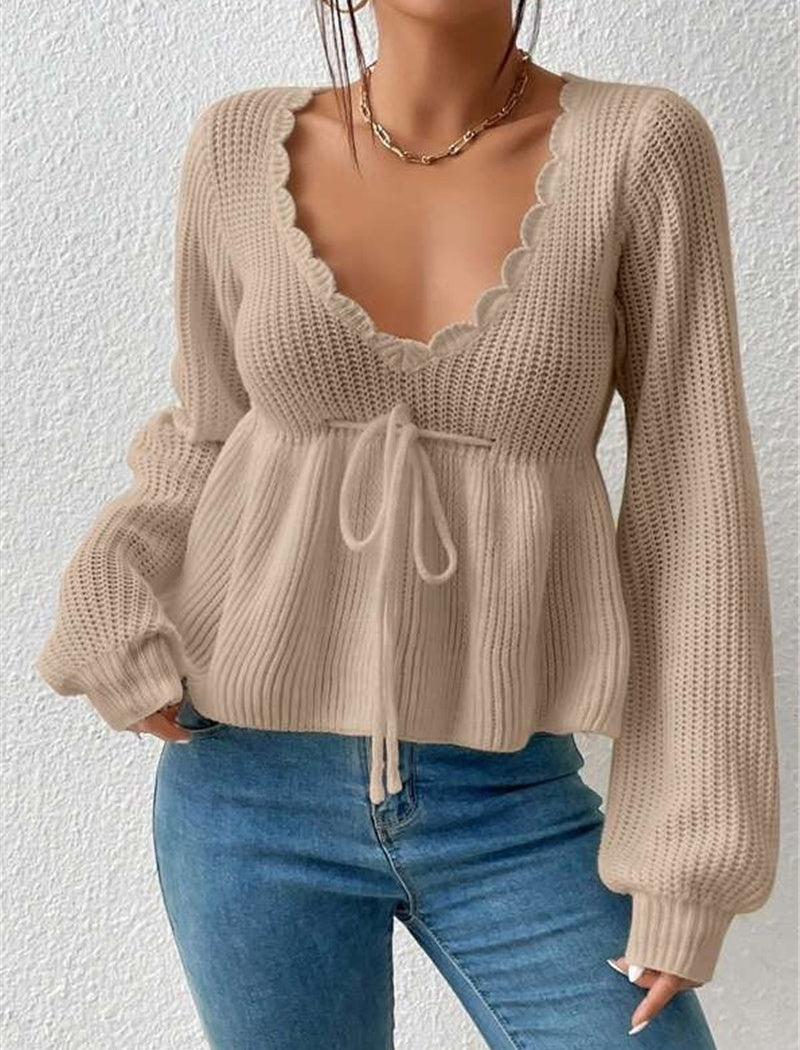 Loose V-Neck Tie Front Ruffle Knit Top