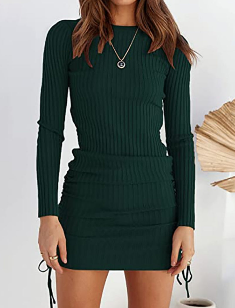 Knit Slim Fit Pleated Long Sleeve Dress