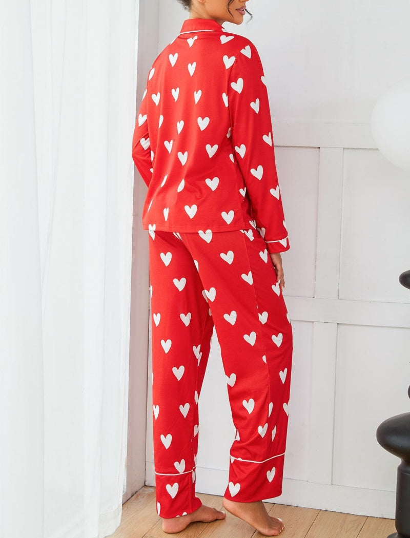 Heart Print Long Sleeve Shirt and Pants Set