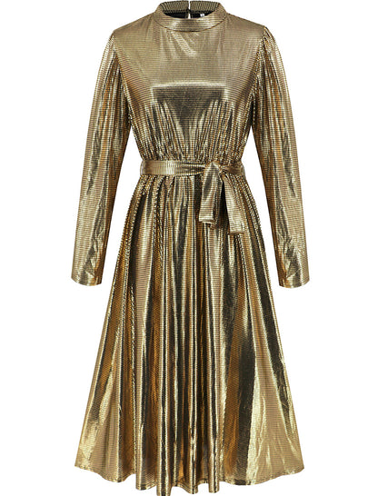 Long Sleeve Pleated Satin Evening Dress