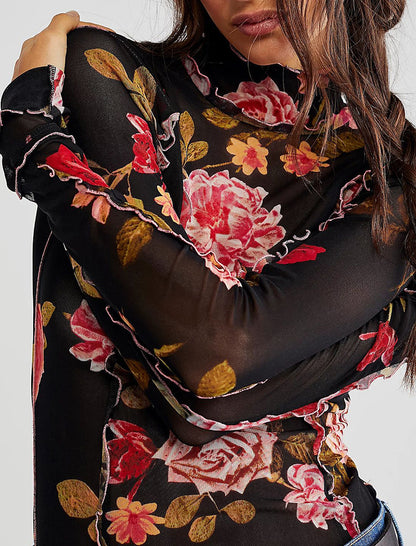 Floral Ruffle Trim Long-Sleeve Top