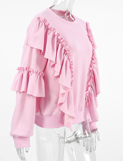 Ruffle Neckline Crewneck Drop-Shoulder Top