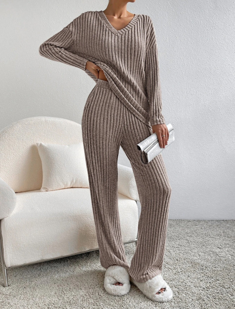 Ribbed V-Neck Top and Wide-Leg Pants