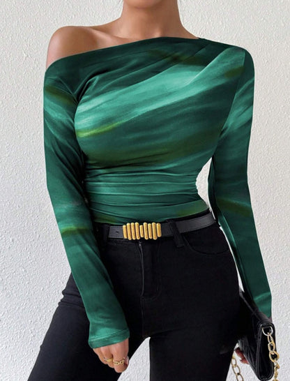 One-Shoulder Long-Sleeve Ruched Top