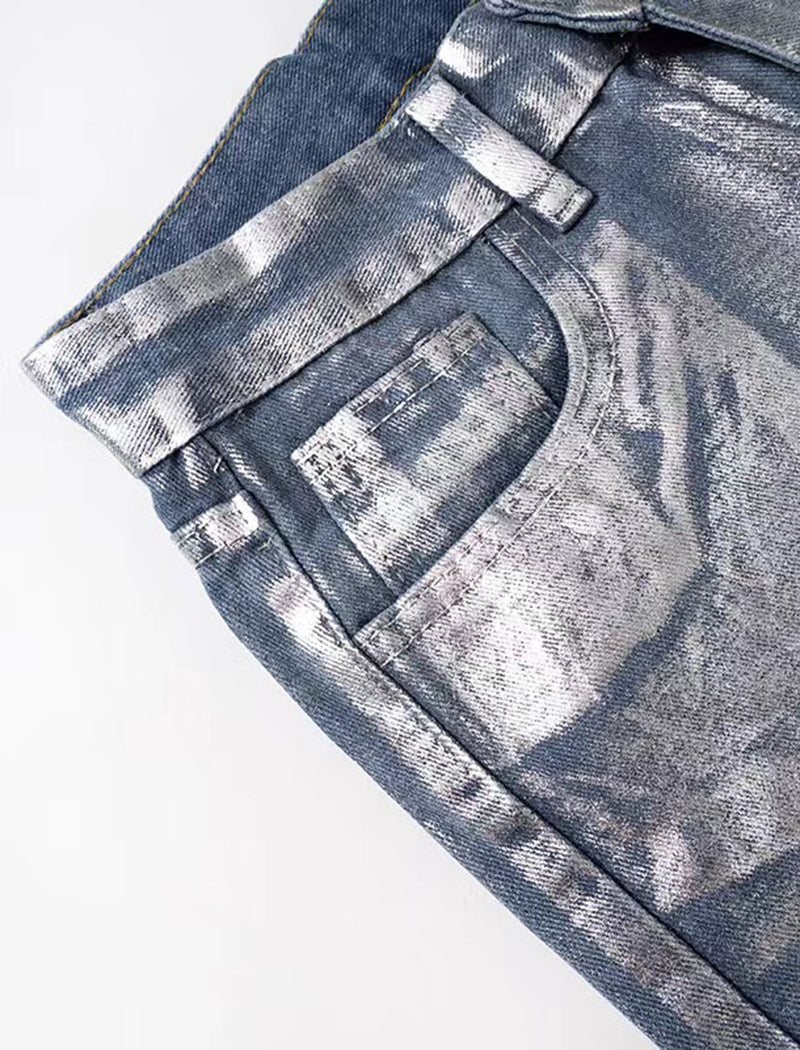 Straight-Leg Blue Silver-Printed Jeans