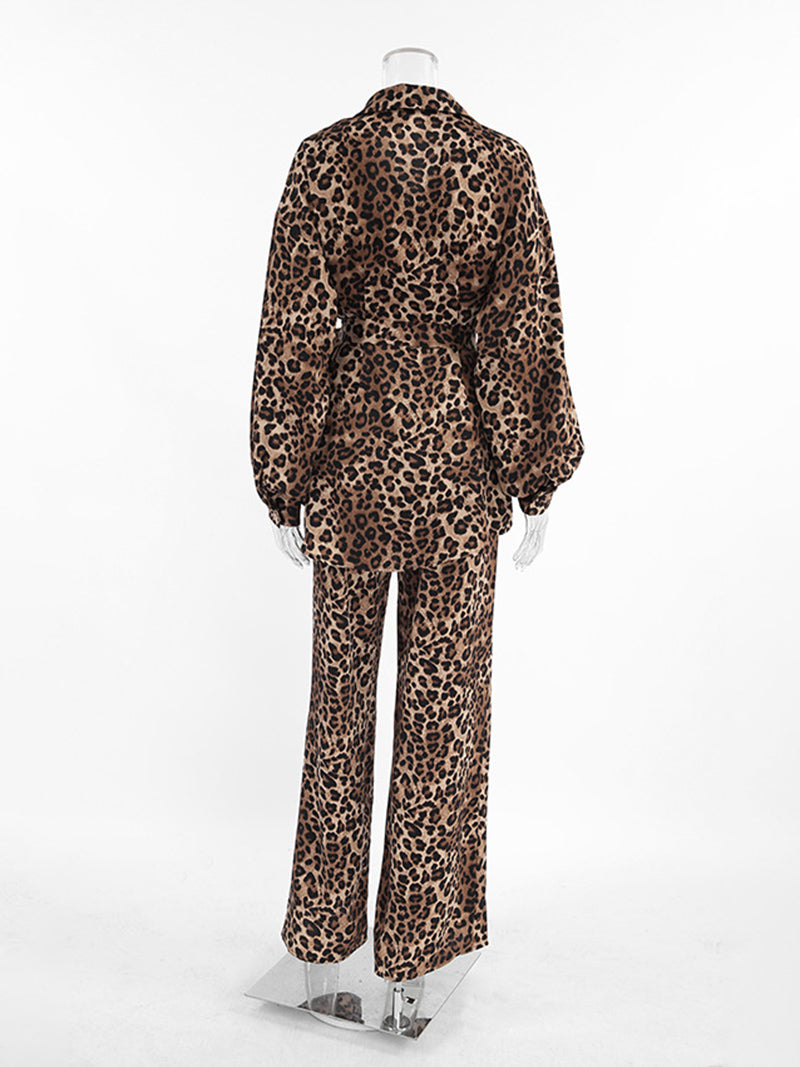 Leopard Shirt and Wide-Leg Pants Set