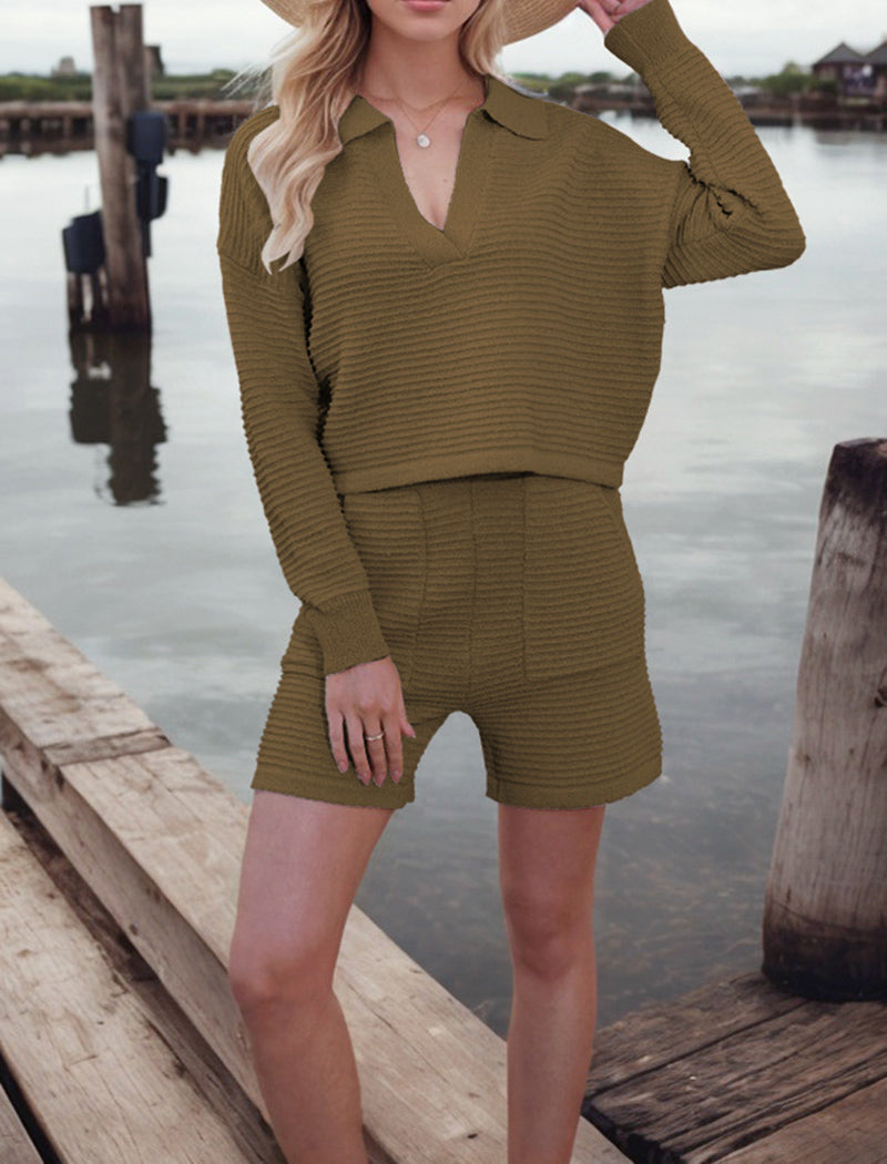 Knit Long Sleeve and Shorts Two-Piece Set
