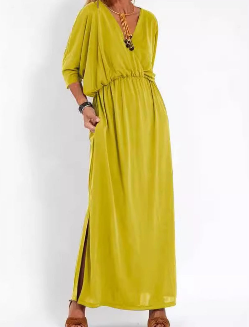 V-Neck Batwing Sleeve Maxi Dress with Pockets