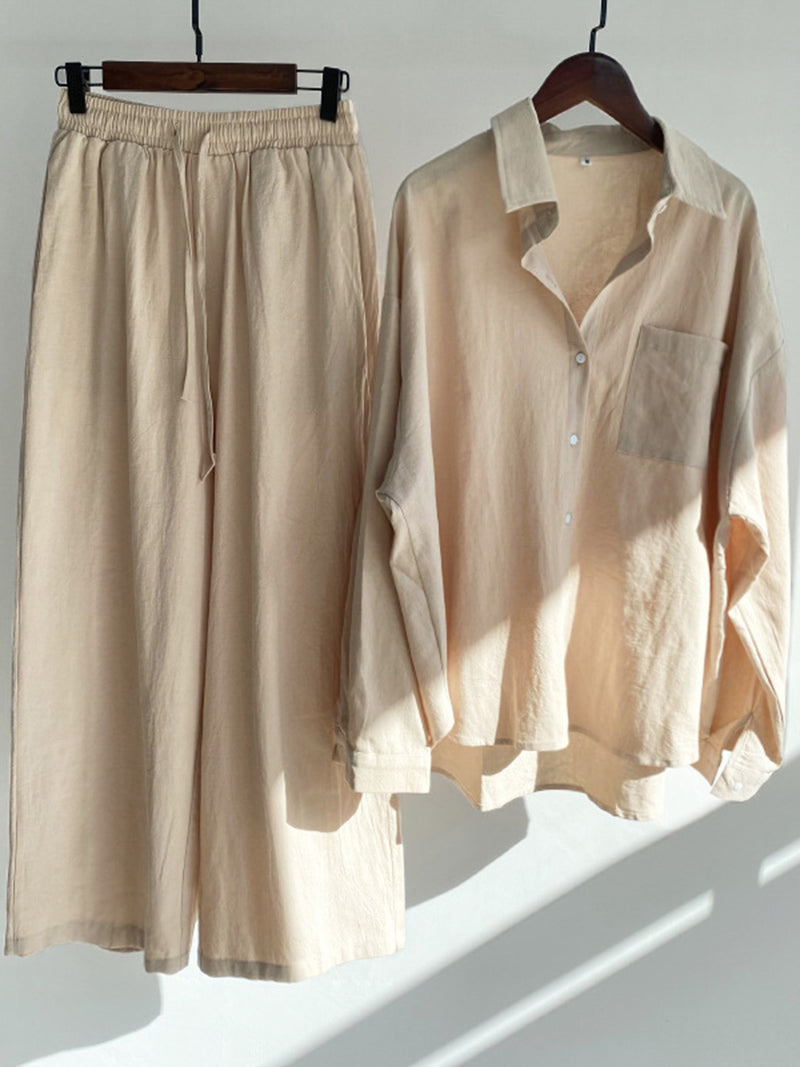 Solid Button-Up Shirt and Wide-Leg Pants Set