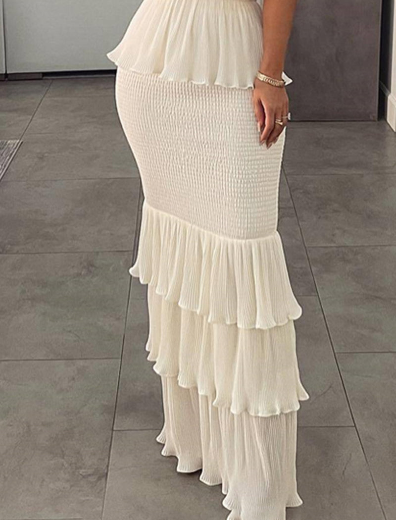 Strapless Pleated Ruffle Maxi Dress