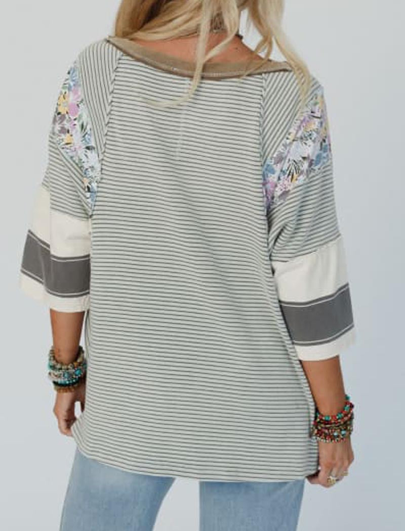 Striped Floral Panel Raglan Top