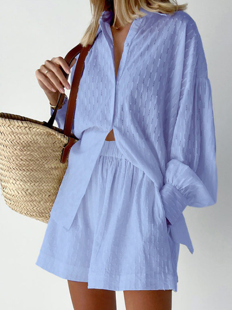 Solid Button-Up Shirt and Shorts Set