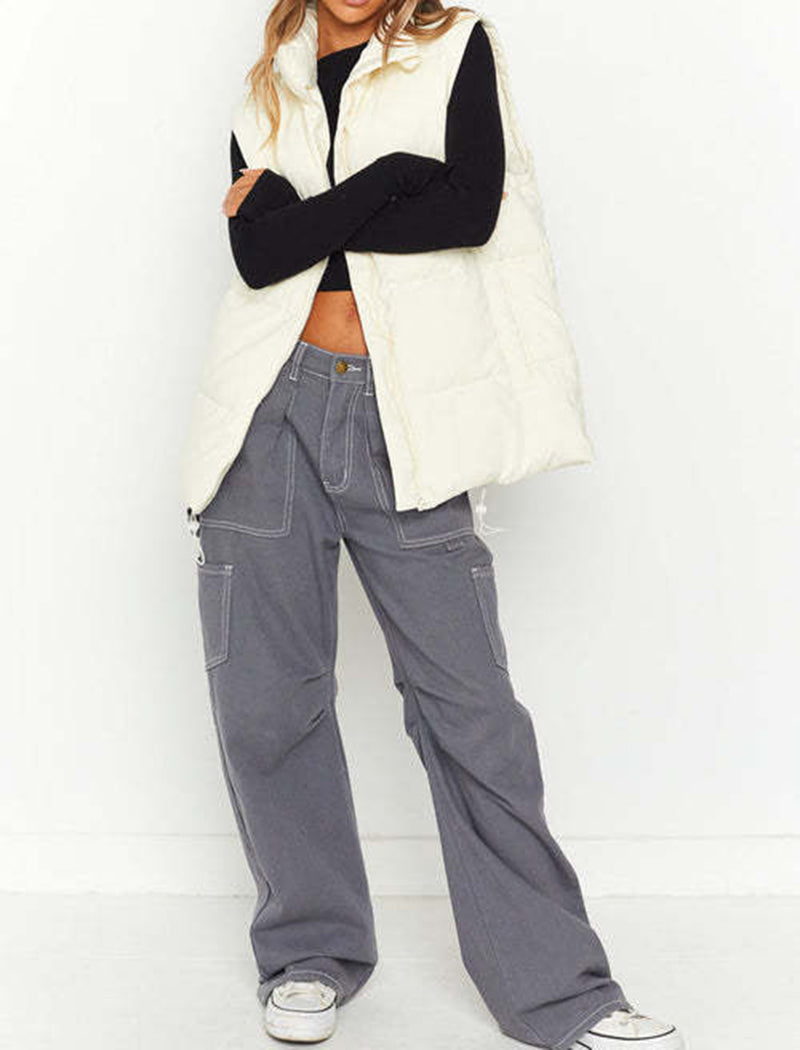 Zip-Up Puffer Cotton Drawstring Vest