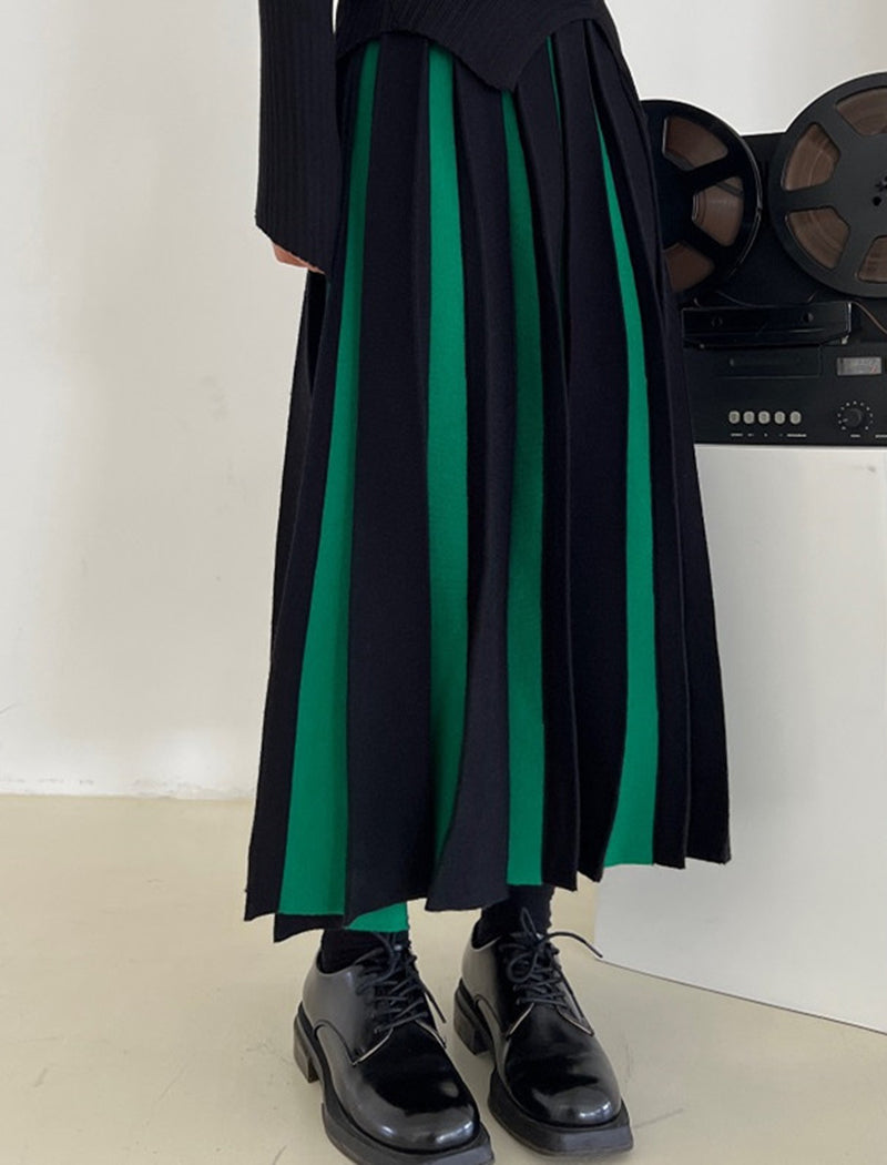 Pleated Colorblock Wide-Leg Maxi Skirt