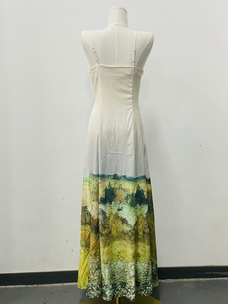 Spaghetti Strap Landscape Print Maxi Dress