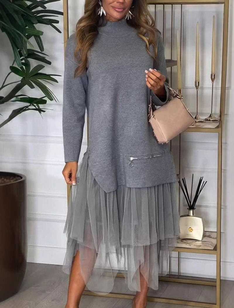 Layered Turtleneck Sweater Mesh Dress