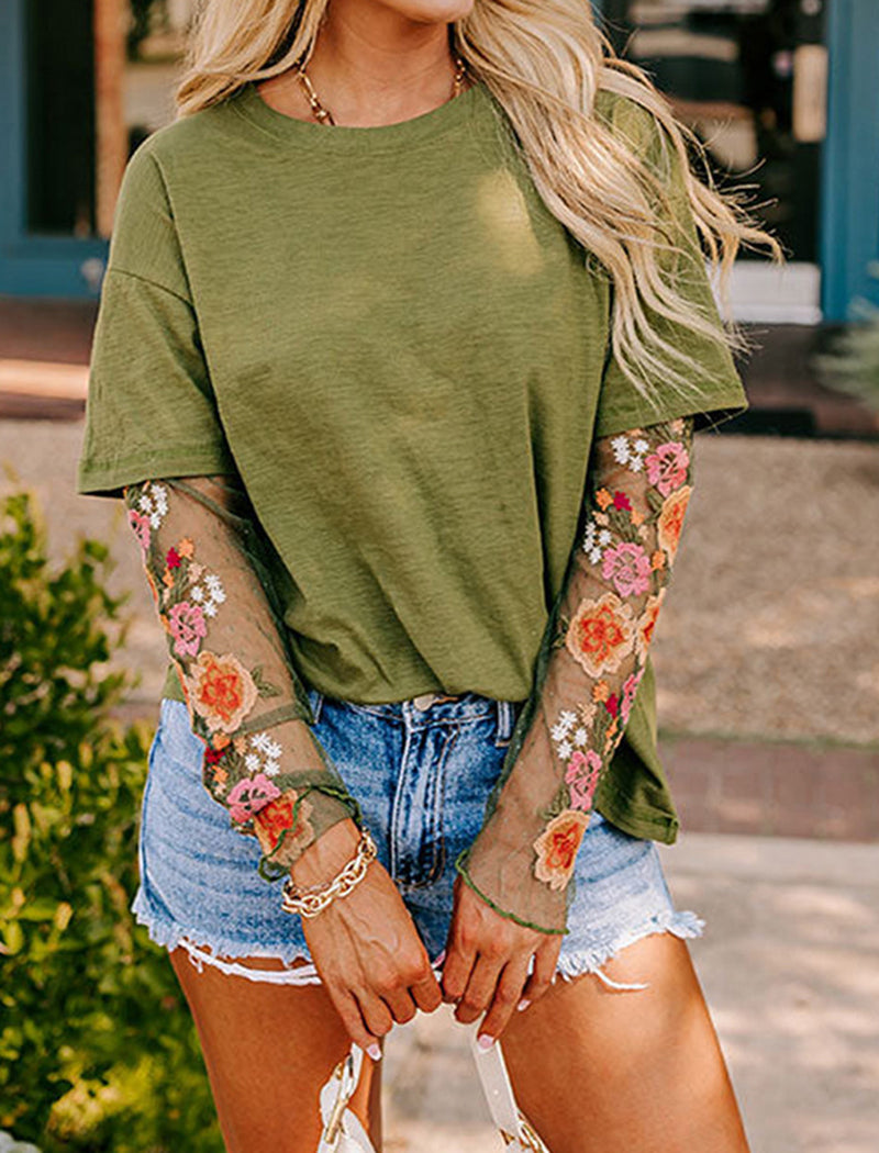 Oversized Tee with Sheer Lace Sleeves