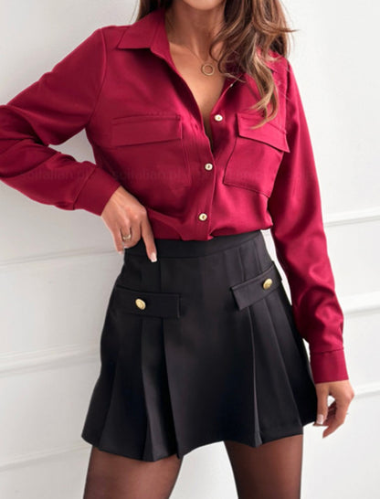 Solid Rolled Sleeve Single-Button Long Sleeve Shirt