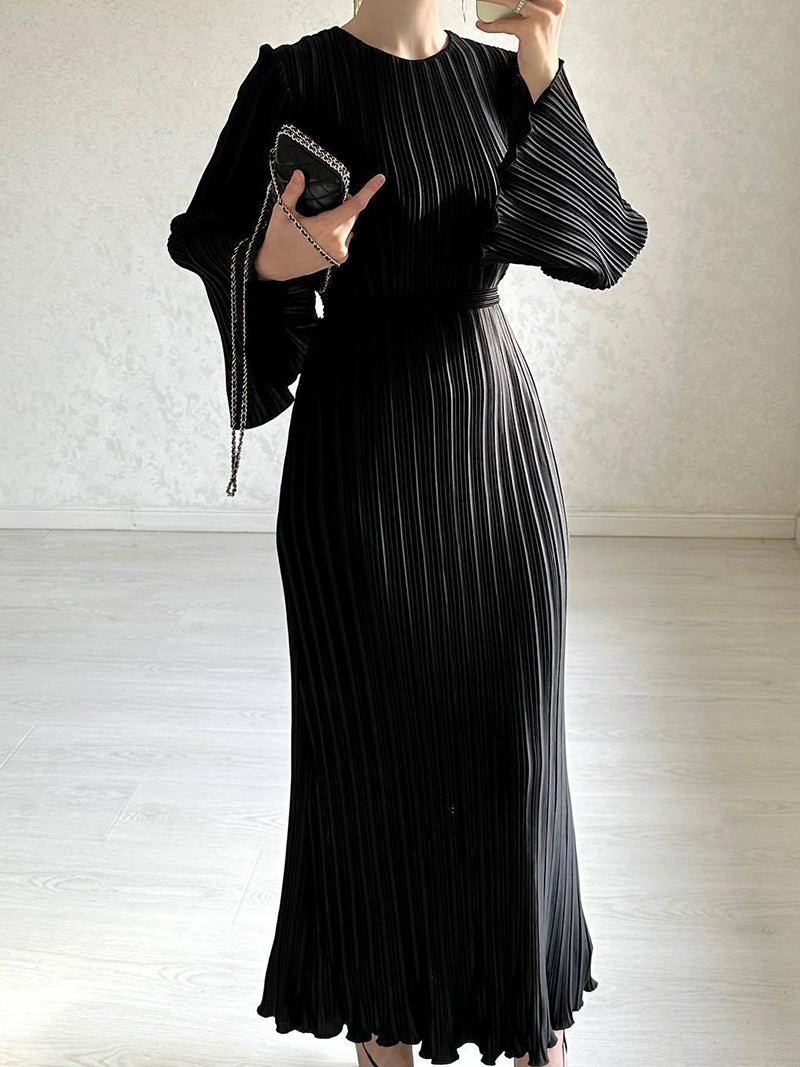 Pleated Long-Sleeve Maxi Dress