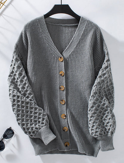 V-Neck Textured Sleeve Buttoned Cardigan