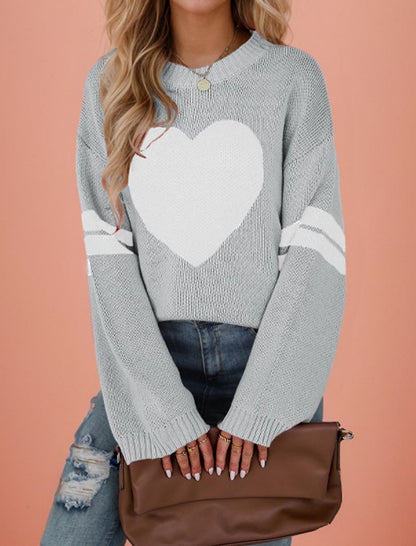 Heart Patterned Knit Sweater with Striped Sleeves