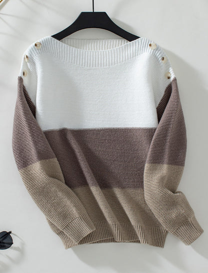 One-Shoulder Colorblock Buttoned Sweater