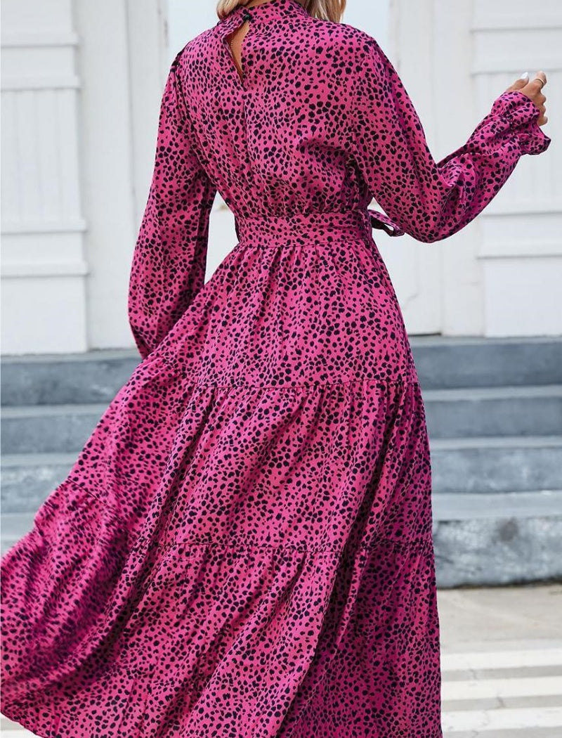 Printed Belted Maxi Dress with Long Sleeves