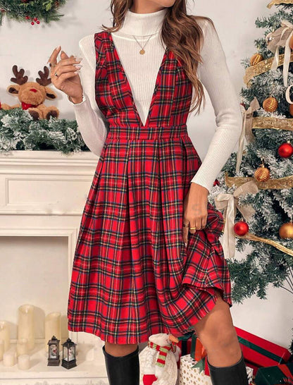 Plaid Sleeveless V-Neck Dress