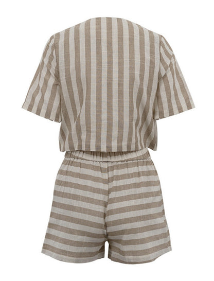 Striped Buttoned Short Sleeve Top and Shorts Set