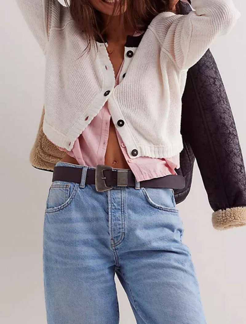 Cropped Contrast Button-Up Cardigan