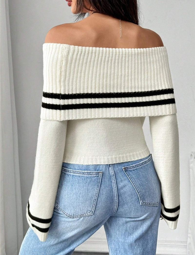 Off-Shoulder Striped Knit Crop Top